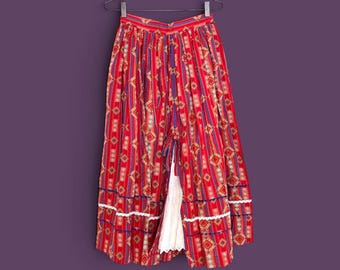 Kleurrijke vintage bohemian rok met kant, katoen, maat S / geometrisch ruitpatroon / midi-rok met hoge taille uit de jaren 80
