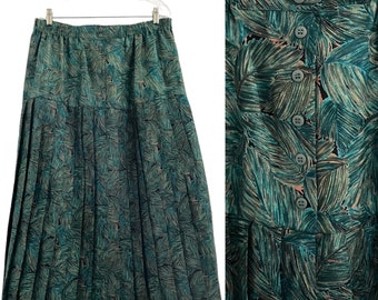 Pleated skirt green pattern 1970s midi skirt vintage pleated skirt wide from TODAY L XL