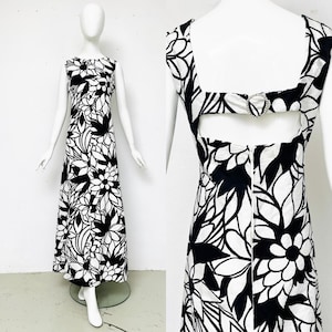 Vintage 1960s Maxi Evening Dress, Black and White / Ball Gown / Cocktail Party / Formal Maxi Dress with Rhinestone Brooch / Floral Long Dress, Size L