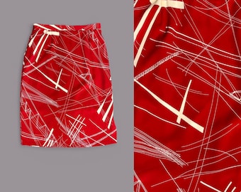 70s red and cream abstract pattern skirt, vintage midi skirt, summer skirt, size 40, M, L