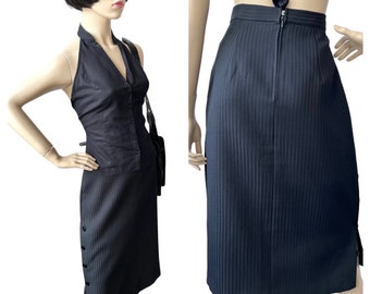 Vintage pencil skirt pinstripe skirt black side buttoned 1970s / slim skirt striped