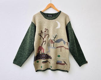 Vintage patterned wool sweater / Women's knit sweater / Japanese print / Crew neck sweater / 1980s women's clothing, colorful, M