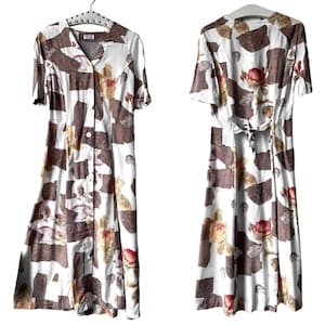 80s dress viscose white brown pattern viscose dress fitted True Vintage / summer dress with pattern S