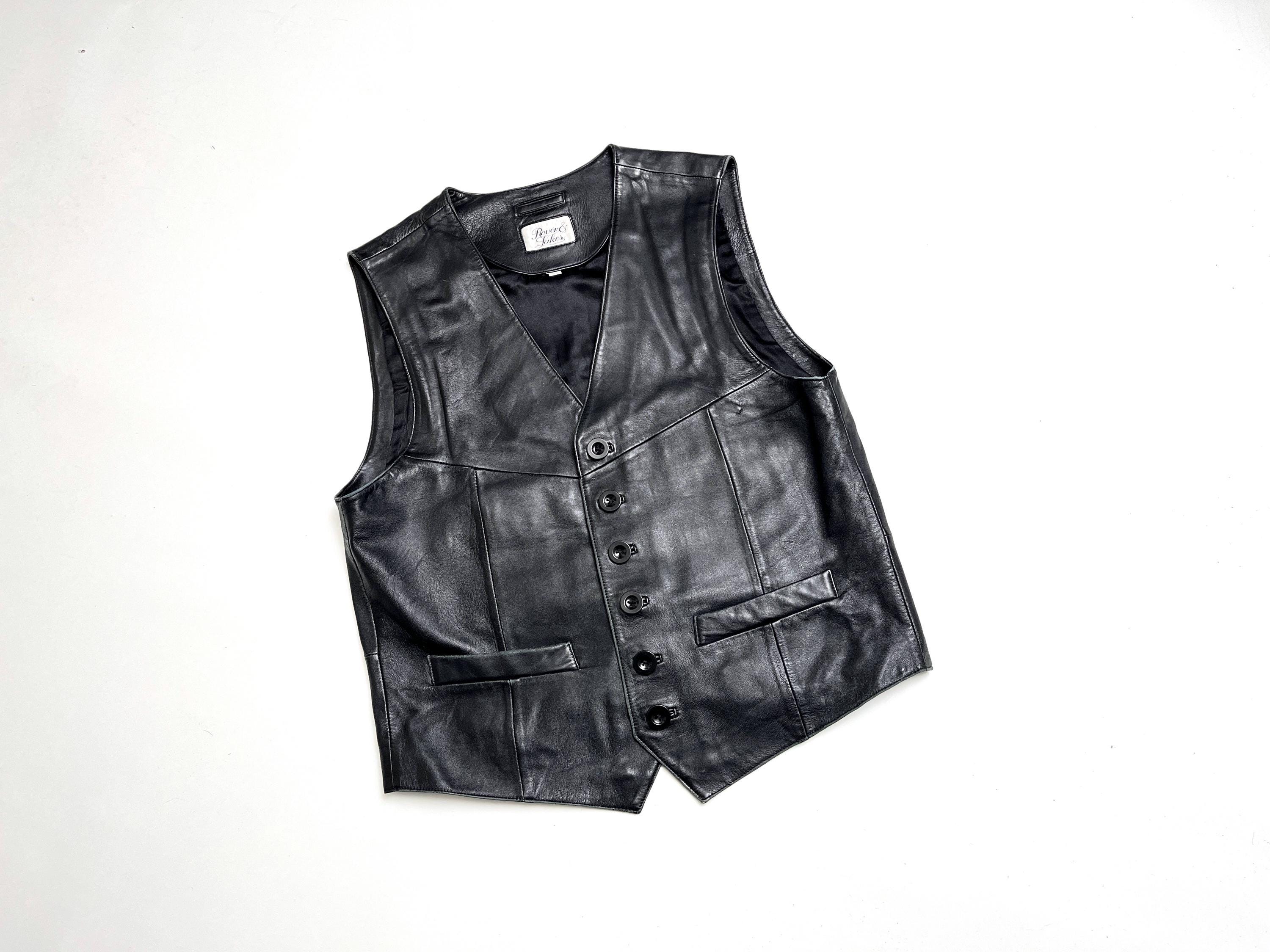 Vintage Biker-waste Leather Black Unisex 90s Leather Vest XL Rover