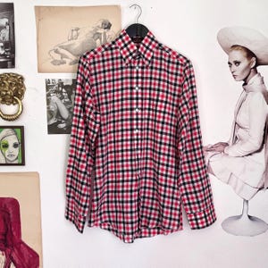 70s checked shirt / vintage men&#39;s shirt / men&#39;s checked shirt / slim checked shirt red / checked pattern