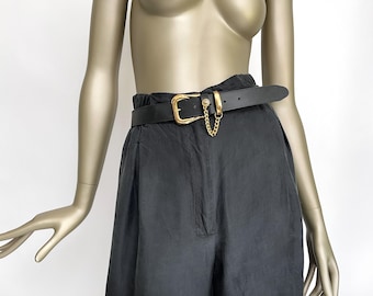 80s belt black with chain gold-colored buckle vegan vintage women&#39;s belt faux leather