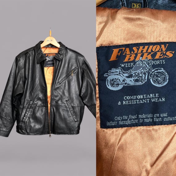 1980er Biker Lederjacke Schwarz, Vintage Lederjacke Damen, original Bikerjacke, S, M