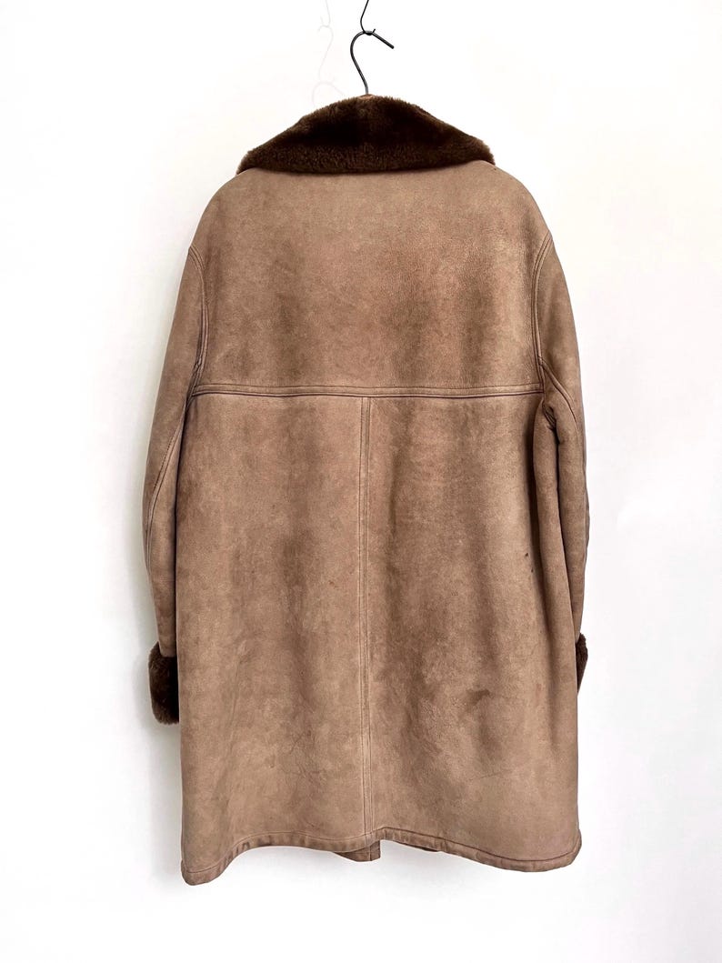 Cappotto in pelle marrone anni '70, cappotto in pelle scamosciata da uomo con pelliccia, cappotto in pelliccia marrone chiaro, cappotto invernale vintage, L, XL immagine 5