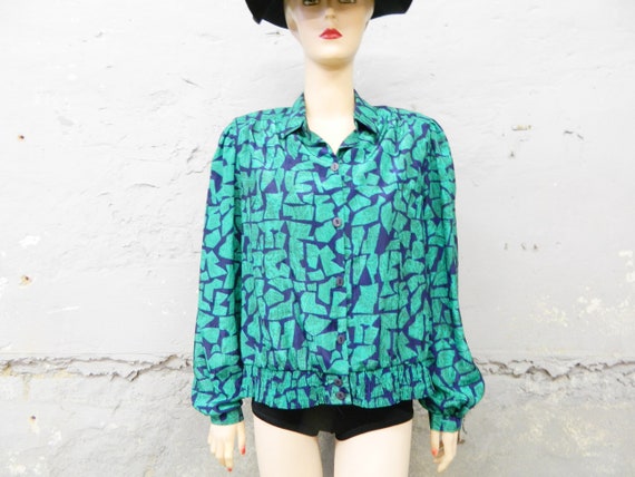 70s blouse blue green / vintage blouse rubber wais