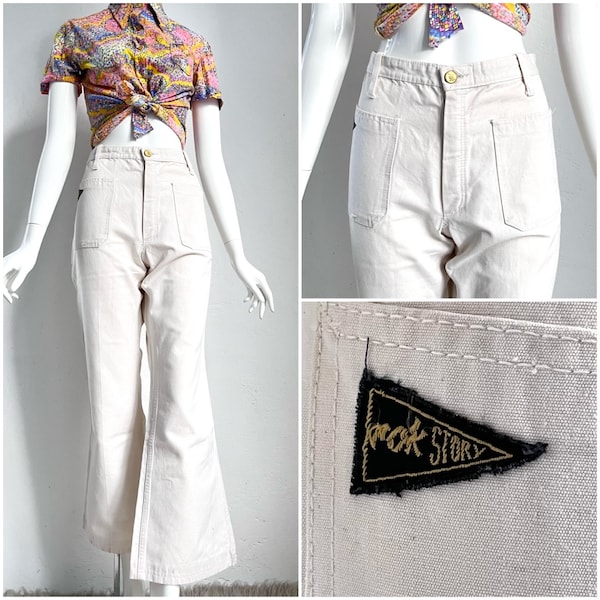 Pantalon évasé des années 1970 jeans beige vrai pantalon vintage femme M avec coton évasé des années 70