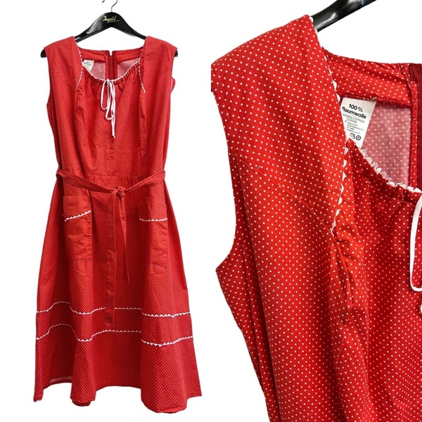 70er Hauskleid rot weiß Dots True Vinatge Schürzenkleid Baumwolle XXL oversize Kleid mit Taschen