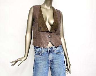 Leather vest 1990s brown green suede smooth leather color mix leather vest vintage crystal Munich Boho, M, L