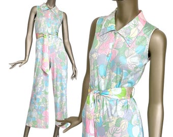 1960s Jumpsuit Flower Power Pastel Sleeveless Overall Vintage Women's S M Floral Print