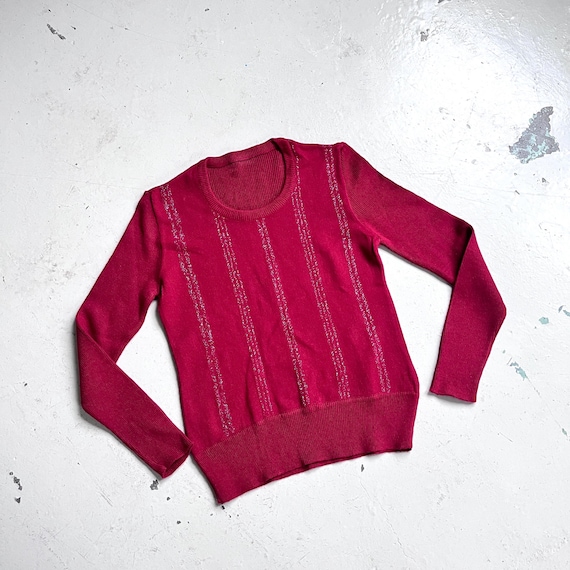 Pull années 70 bordeaux rouge vintage à paillettes, pull large col