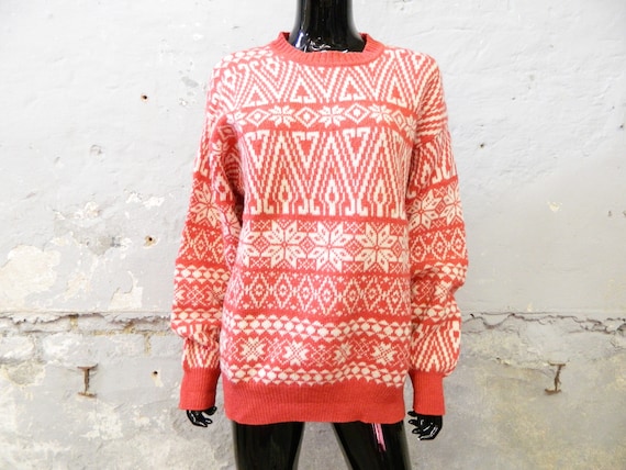 1980s Sweater Mc Neal Virgin Wool Beige Red / vint