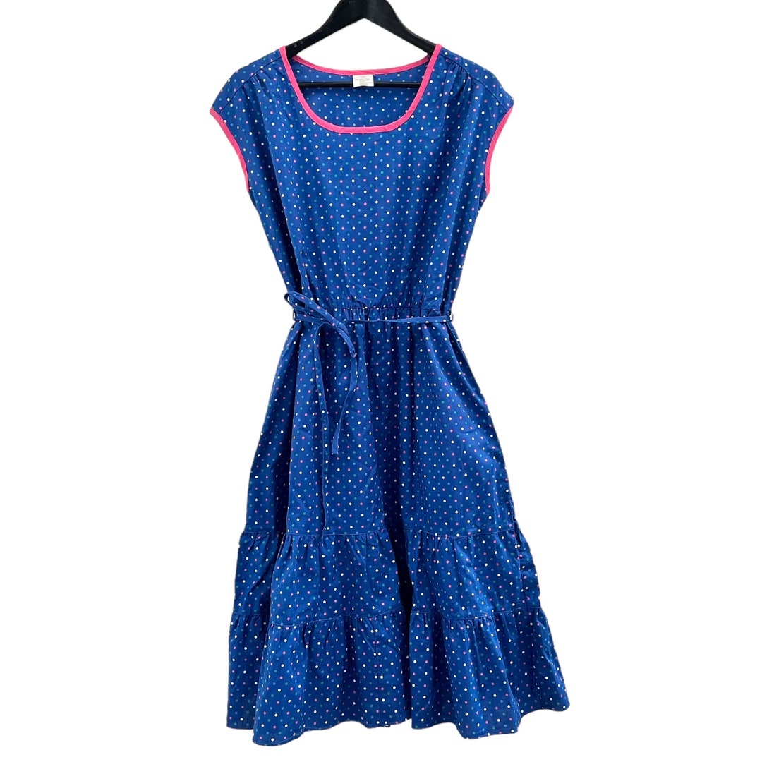 Zomerjurk blauw kleurrijke stippen volant katoen 70s jurk midi