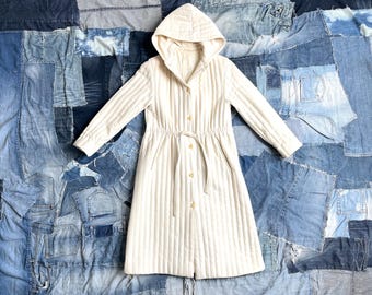 Vintage ecru pure wool coat, quilted coat, wool coat, women's size S, padded coat with hood