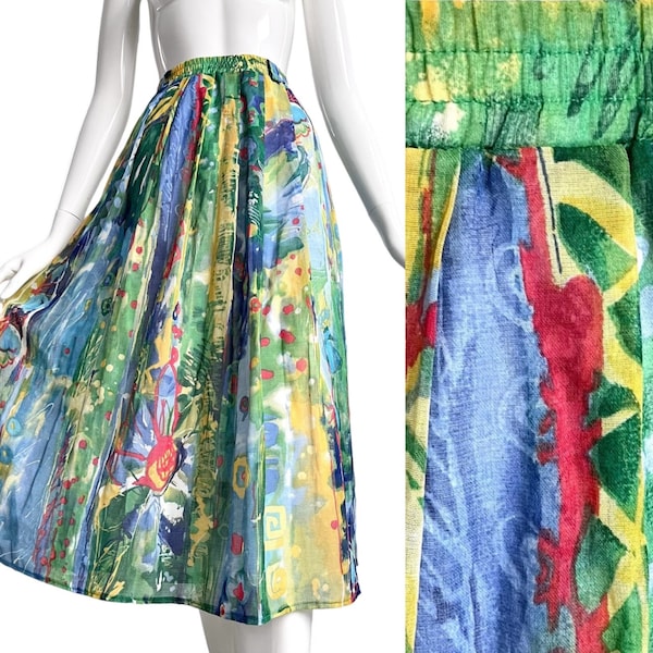 70s skirt colorful cotton / midi skirt with pattern / vintage summer skirt M L / crazy pattern / long colorful skirt
