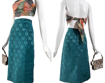 70s skirt midi green floral pattern shiny True Vintage shiny skirt high waist Empire