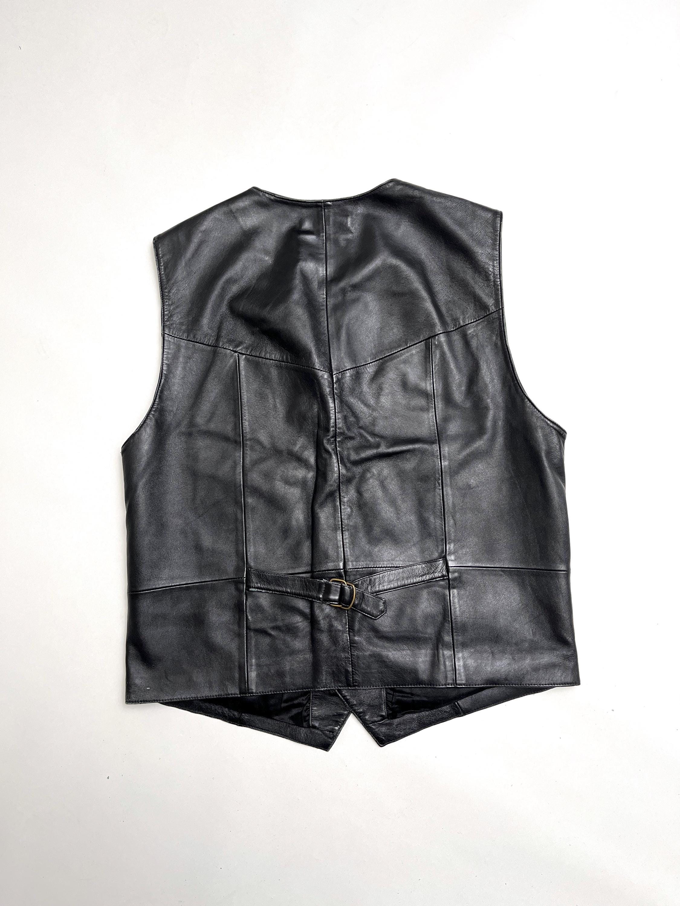 Vintage Biker-waste Leather Black Unisex 90s Leather Vest XL Rover