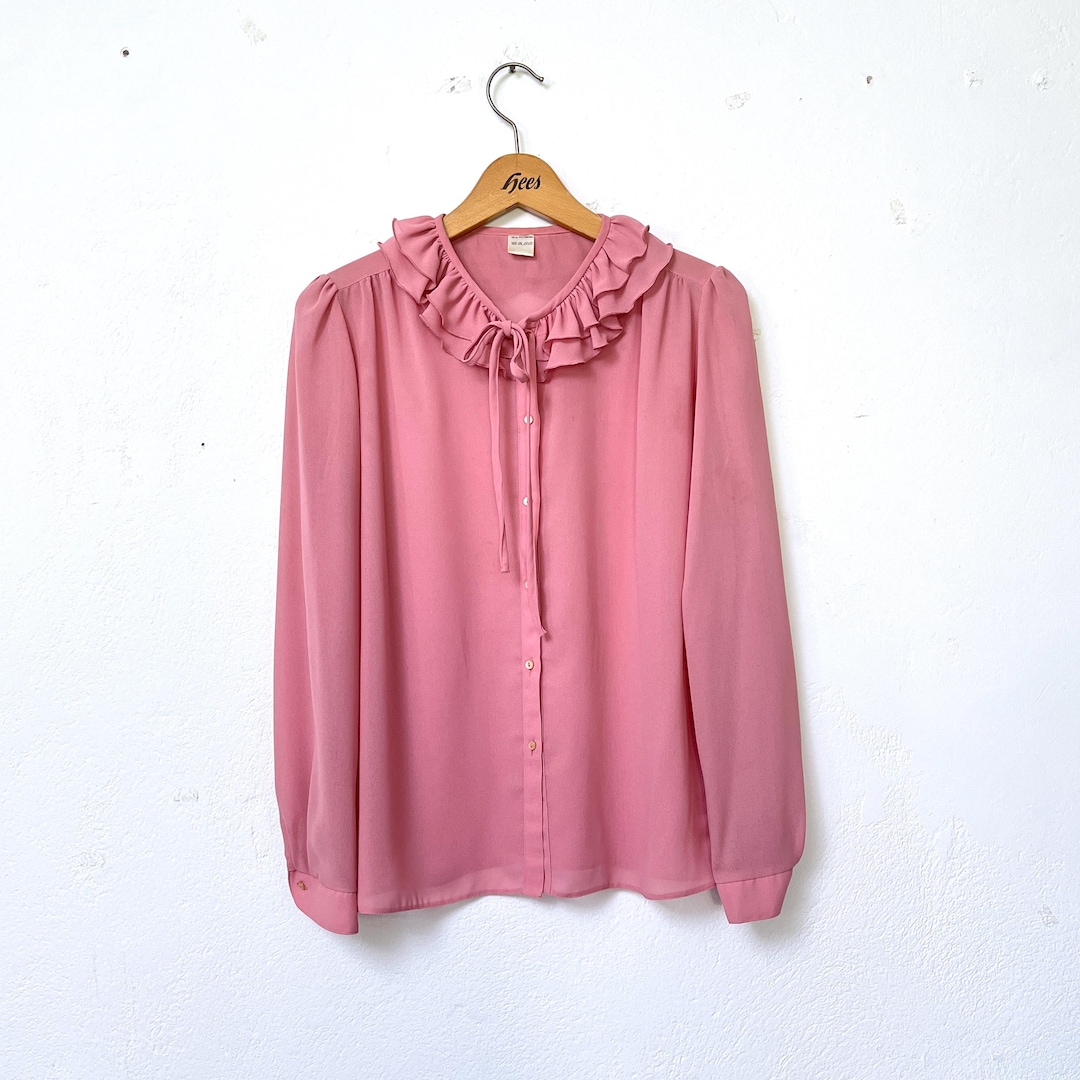 70s Blouse Pink Ruffle Collar / Vintage Shirt Festive / Ruffle Blouse ...