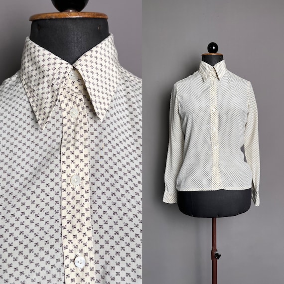 Seidenbluse Creme 80er Jahre, Vintage Damen-Hemd aus 100% Seide M