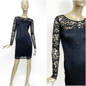 Dress black lace Y2K vintage evening dress GUESS long sleeve mini stretch dress
