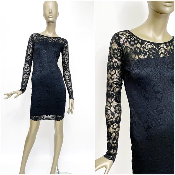 Black Lace Dress Y2K Vintage Evening Dress GUESS Long-sleeved Mini Stretch  Dress - Etsy
