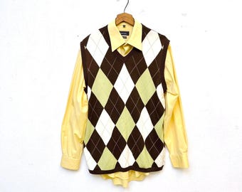 Gilet da uomo vintage con scollo a V in cotone con motivo a rombi anni '90, taglia L.