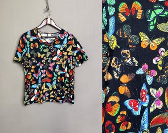 80s T-shirt with colorful butterflies, women's patterned cotton shirt, brightly patterned top, M