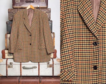 Blazer britannico a quadri anni '70, giacca da club vintage da uomo, giacca a quadri in giallo, blu e rosso, giacca di lana, XL