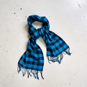Vintage scarf checked blue black 70s fringed wool scarf MOD winter scarf unisex
