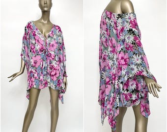 Vintage tunic with butterfly sleeves, floral pattern, 90s blouse, oversized XL XXL