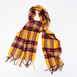 Vintage scarf checked yellow colorful / new wool 70s fringe scarf / unisex scarves / wool scarf / checked women&#39;s scarf / colorful winter scarf