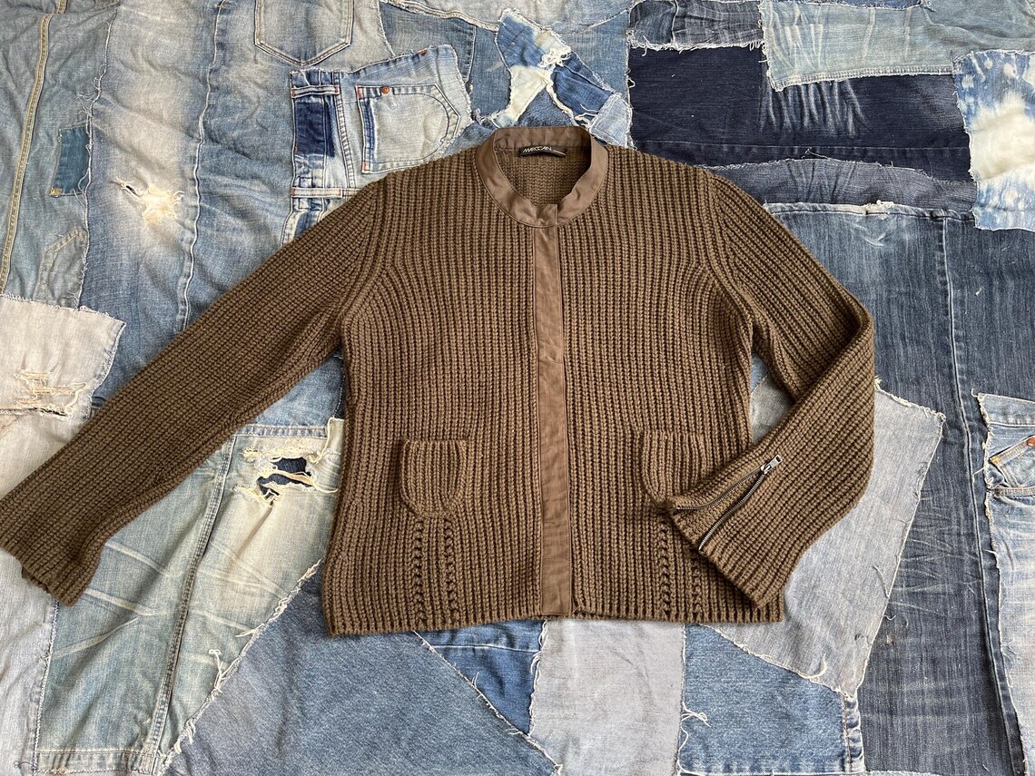 Strickjacke MARC CAIN Y2K Reißverschluss-Ärmel Cardigan Grün Braun Angora Viskose Wolle Damen Wolljacke Vintage, L, foto 3 di 5