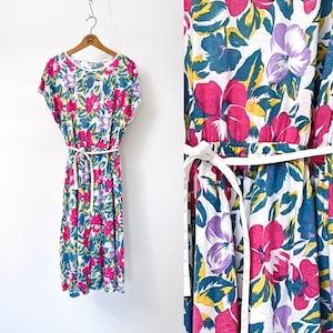 1970s dress floral pattern colorful vintage midi dress wide sleeves waist stretchy L XL
