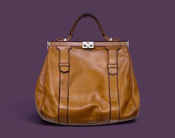 1960s brown leather handbag, vintage leather bag with handles, women's handbag