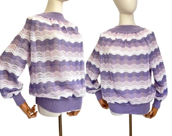 Maglione vintage motivo onde viola rosa bianco / maglione anni '70 da donna girocollo maniche larghe / colori pastello