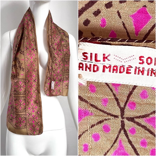 70s scarf silk brown pink true vintage silk scarf patterned scarf India Boho