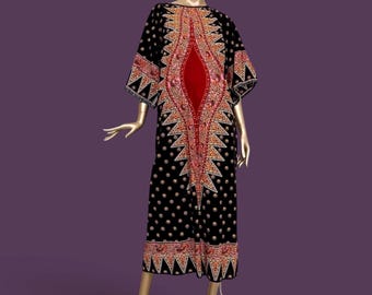 May include: A black kaftan dress featuring a prominent central red panel with intricate white and orange geometric patterns. The garment has short sleeves, a round neckline, and a repeating pattern of small white dots across the black fabric.