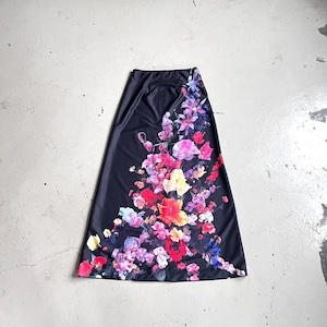 Evening skirt maxi 1970s floral print black colorful / 70s maxi skirt / long festive skirt floral / women&#39;s evening wear M