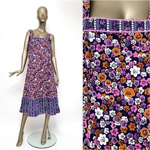 60s dress colorful cotton wide straps / house dress floral pattern / vintage dress floral flounce / women&#39;s L
