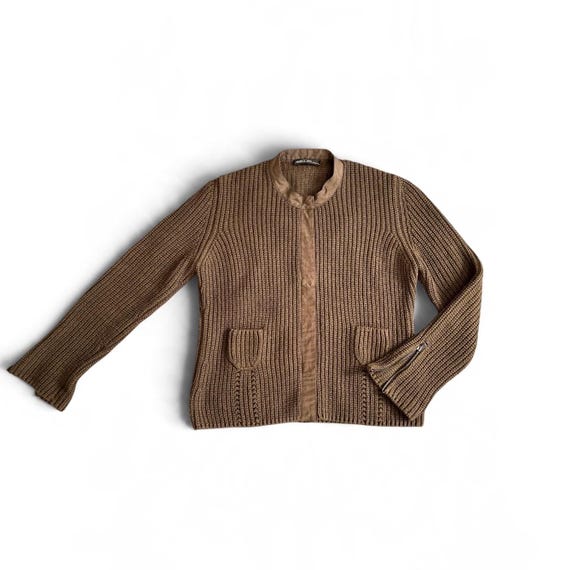 Strickjacke MARC CAIN Y2K Reißverschluss-Ärmel Cardigan Grün Braun Angora Viskose Wolle Damen Wolljacke Vintage, L