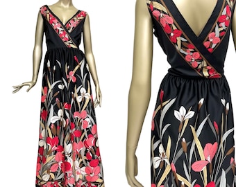 Abito da sera lungo colorato anni '70 con scollo profondo, abito maxi vintage, M L