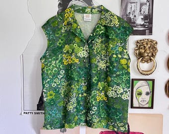 50s mouwloze blouse echte vintage groene bloemen / top dames / dames shirt