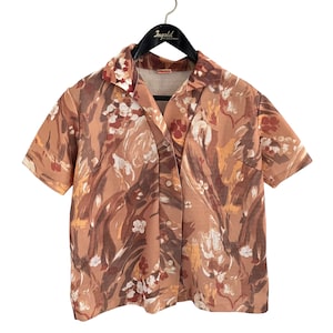 1950er Bluse Braun Bunt floral kurz True Vintage Hemd Damen Muster Sommerbluse L Large