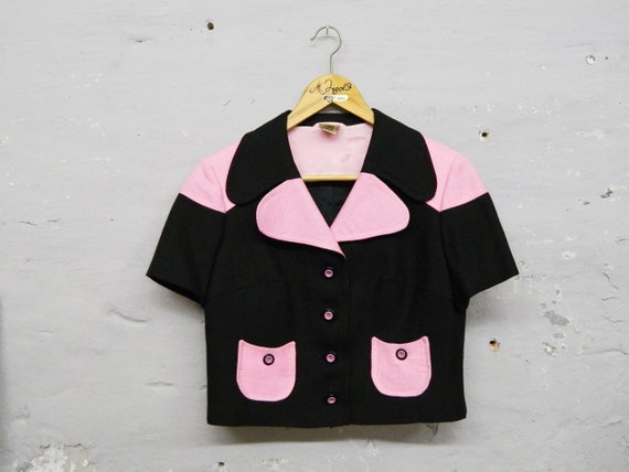 1960s blazer black pink / vinatge blazer / short b