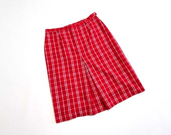 70s checkered red and white wool vintage skirt, women's XL, plaid pattern skirt, virgin wool