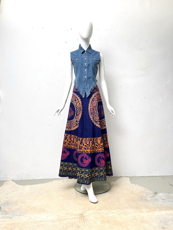 70s Maxi Skirt Cotton India Colorful Psychedelic Pattern Vintage