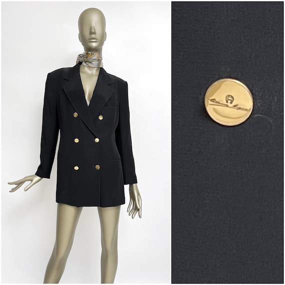80s Long Blazer Etienne Aigner Black Gold Buttons Viscose Oversize